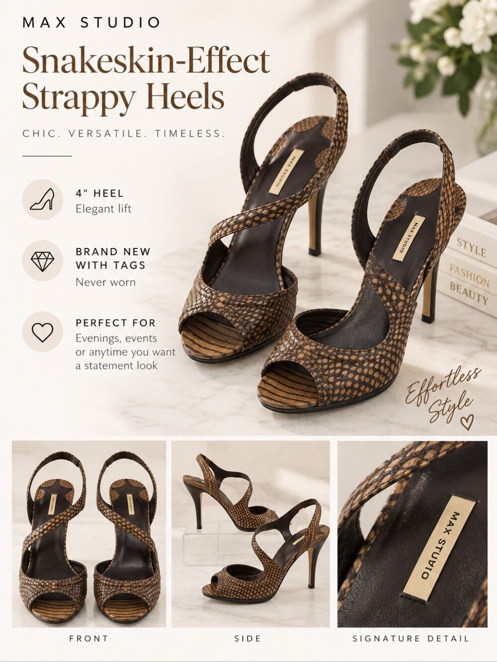 NWT! Max Studio Snakeskin-Effect Strappy High Heels Size 8.5